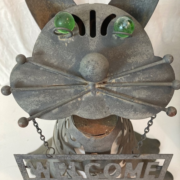 Steampunk Cat Welcome Art Metal Cat  Lantern Welded W/ Green Glass Eyes - Picture 2 of 16